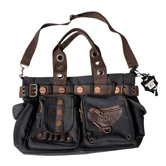 Banned Alternative DOOM LAGOON HANDBAG Steampunk Key Canvas Black Copper NWT - Picture 2 of 16